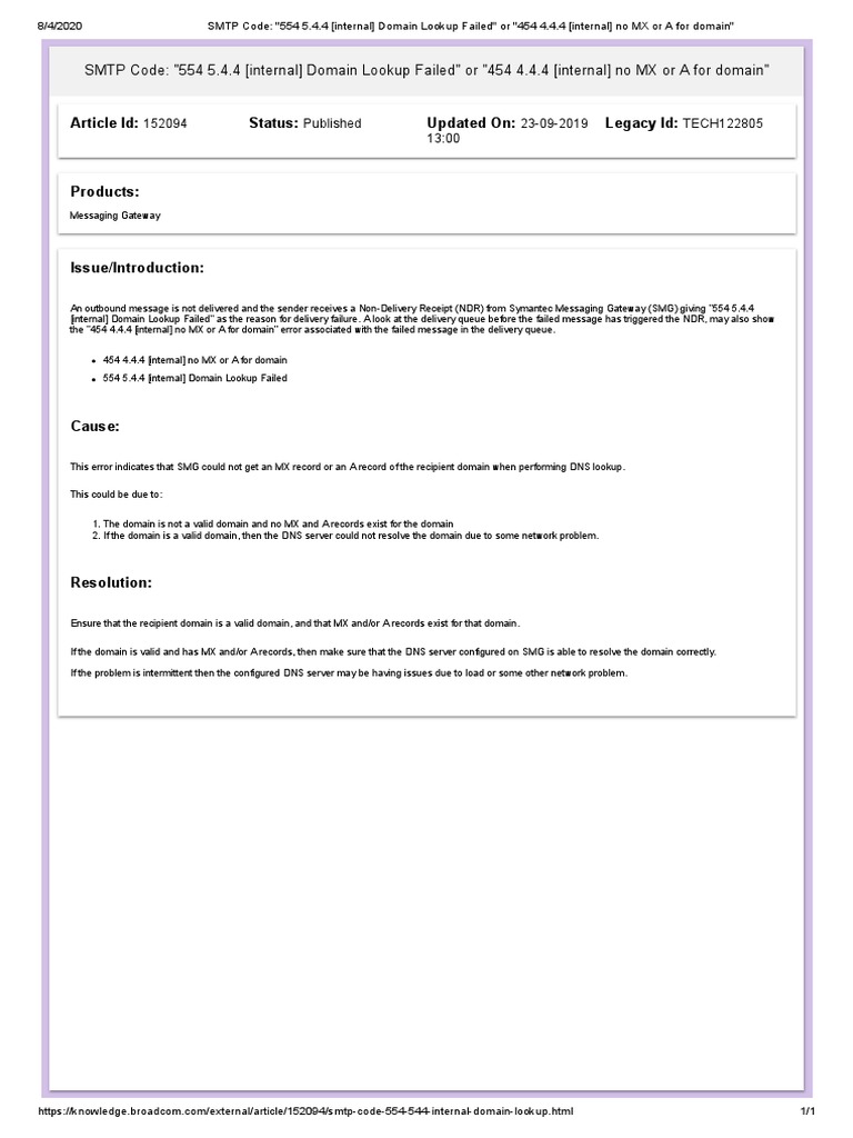 Smtp code 554 5 4 4 internal domain lookup failed or 454 4 4 4 