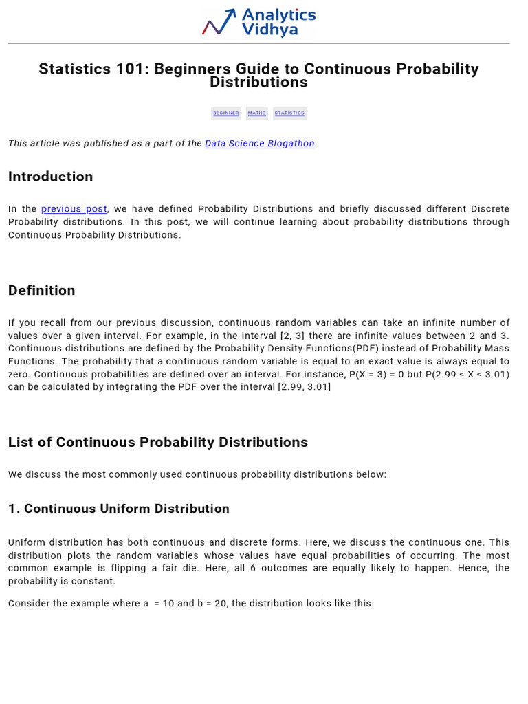 Statistics 101: Beginners Guide To Continuous Probability Distributions ...