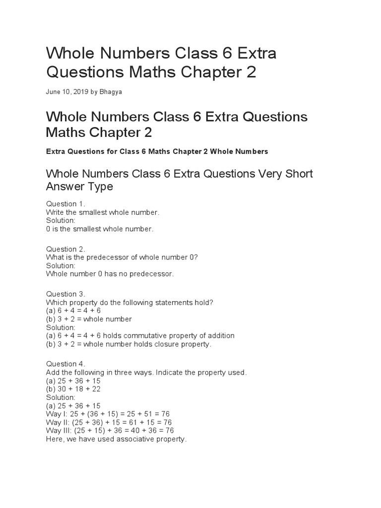 Whole Numbers Class 6 Extra Questions Maths Chapter 2 | PDF | Numbers ...