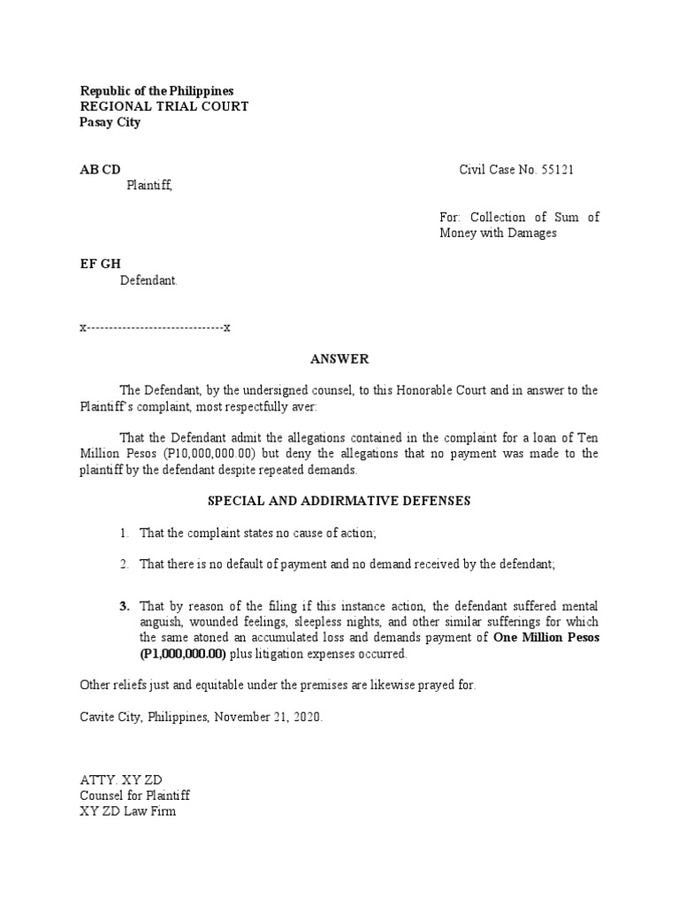 Answer - Collection of Sum of Money | PDF | Lawsuit | Complaint