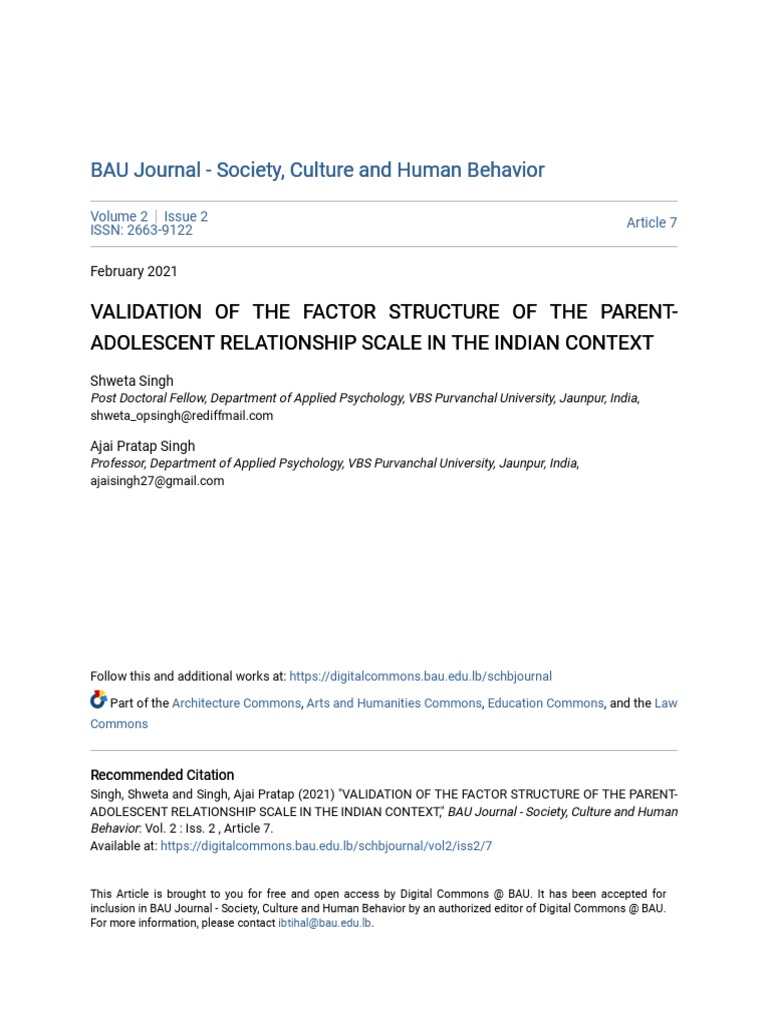 Validation of The Factor Structure of The Parent Adolescent ...