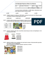 Prova de Matemática com questões sobre porcentagem, juros, equações do 2o grau