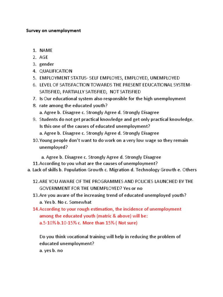 Unemployment Questionnaire Sample | PDF | Wellness
