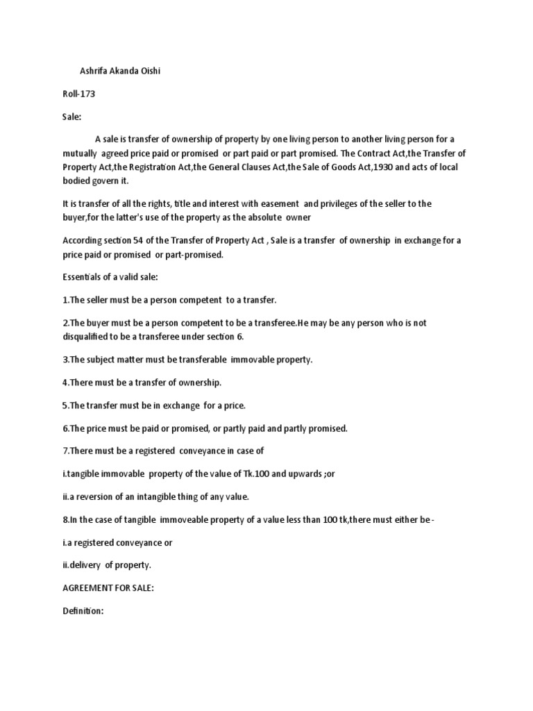 AGREEMENT FOR Sale PDF Deed Sales