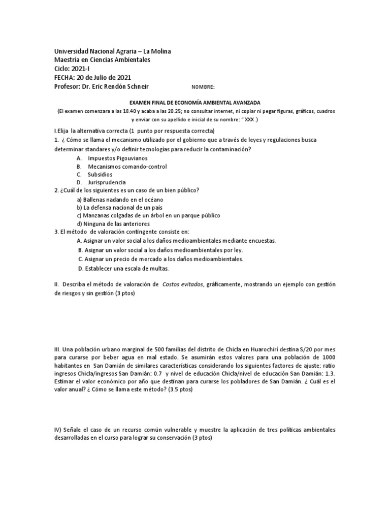 Examen Final de Economía Ambiental | PDF | Economias