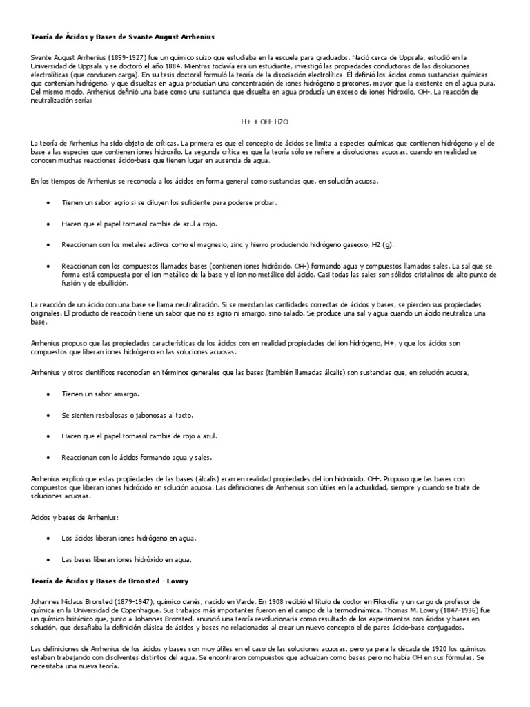 Teoría de Ácidos y Bases de Svante August Arrhenius | PDF | Naturaleza ...