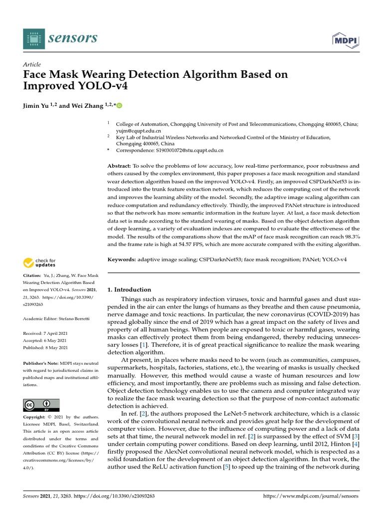 Sensors Face Mask Wearing Detection Algorithm Based On Improved YOLO