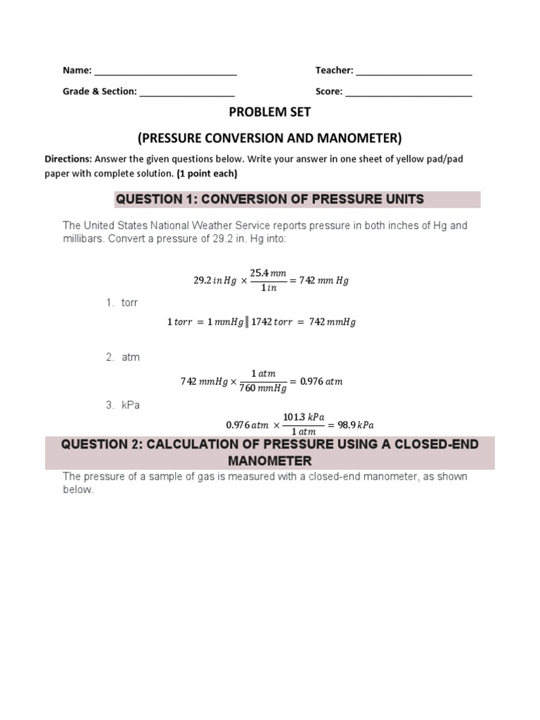 Problem Set (Pressure Conversion and Manometer) | PDF | Pressure ...