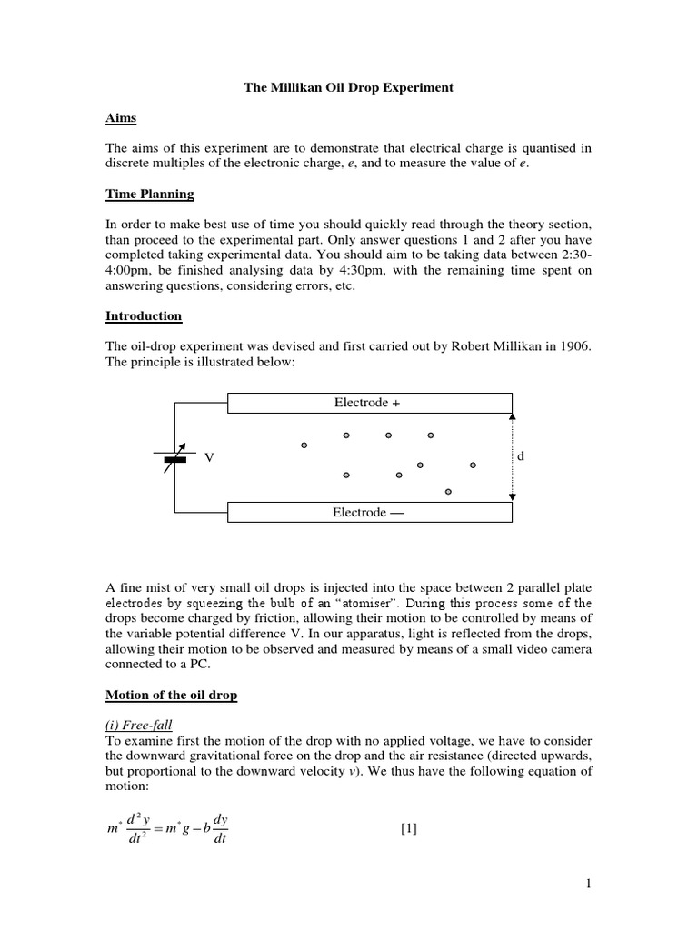 The Millikan Oil Drop Experiment | PDF | Force | Metrology