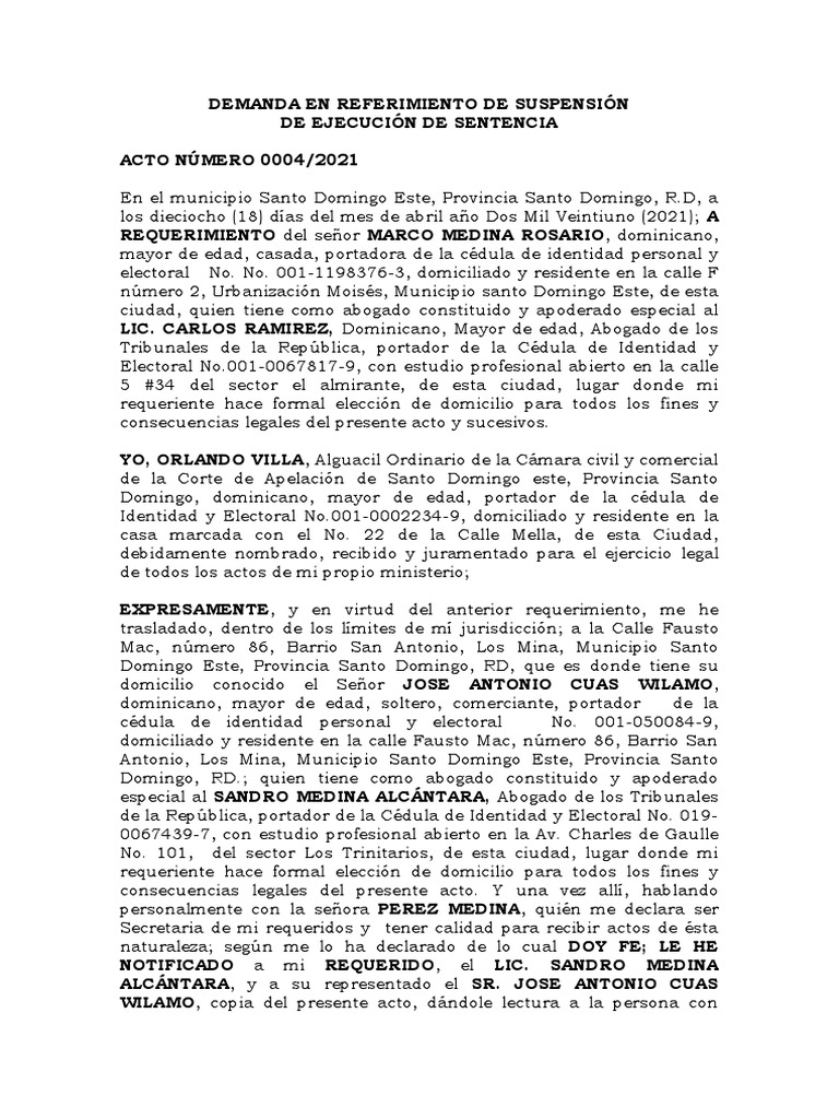 Demanda en Referimiento de Suspensión de Ejecución de Sentencia | PDF ...