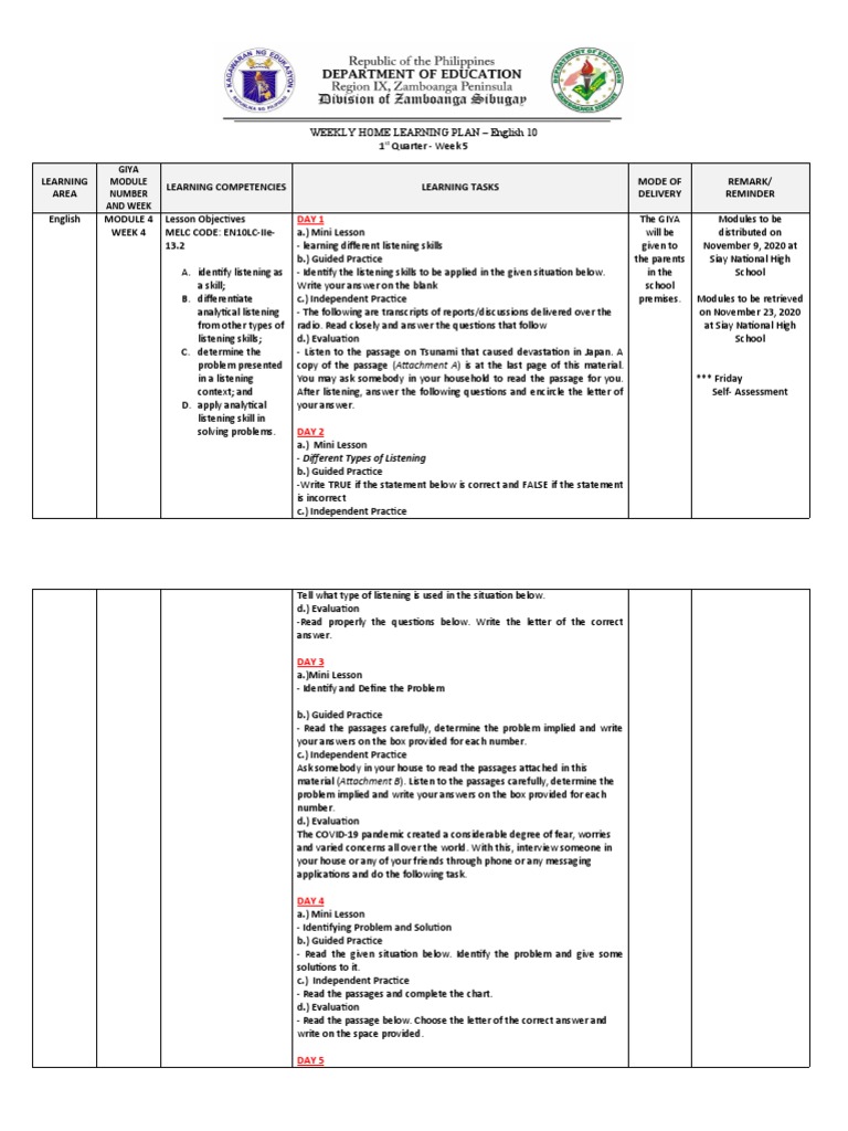 Weekly Home Learning Plan - Week 5 | PDF | Learning | Cognition