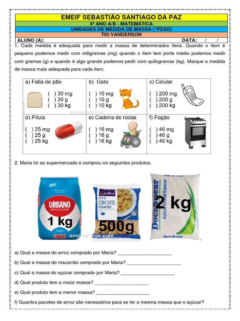 Atividades de Medidas de Massa - 4º Ano | PDF