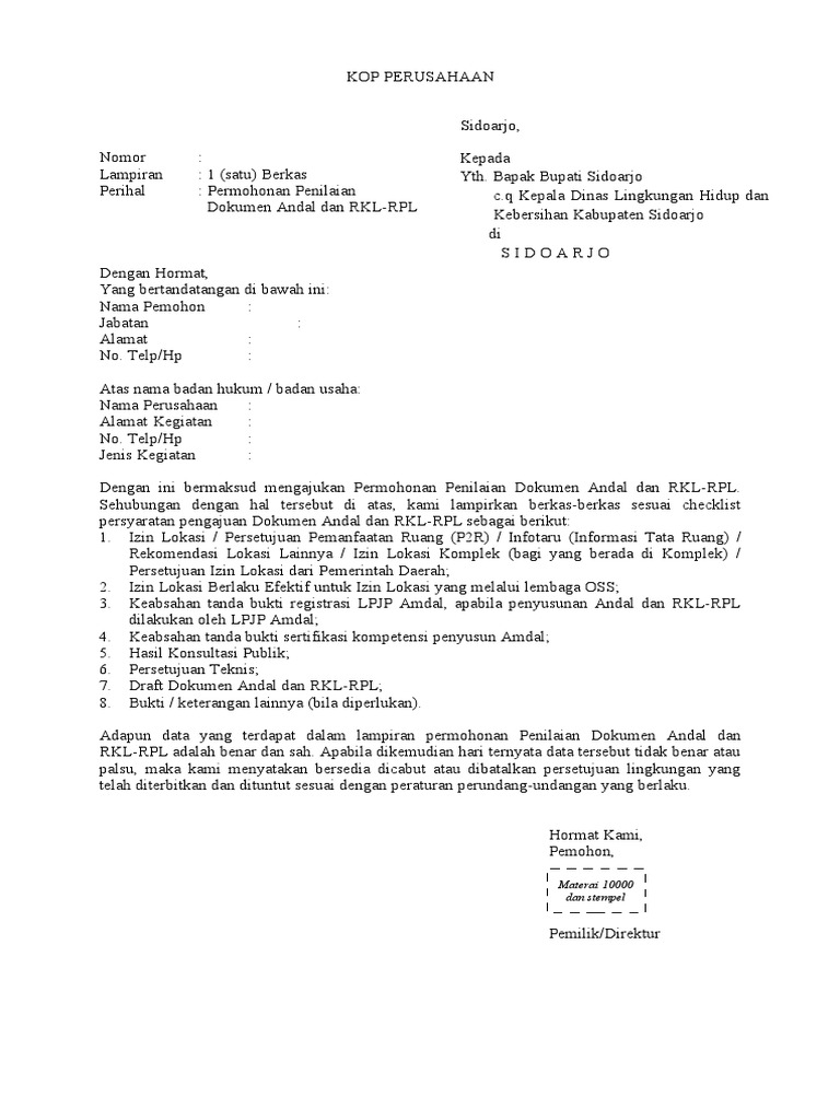 Surat Permohonan Penilaian Dokumen Andal Dan RKL-RPL | PDF