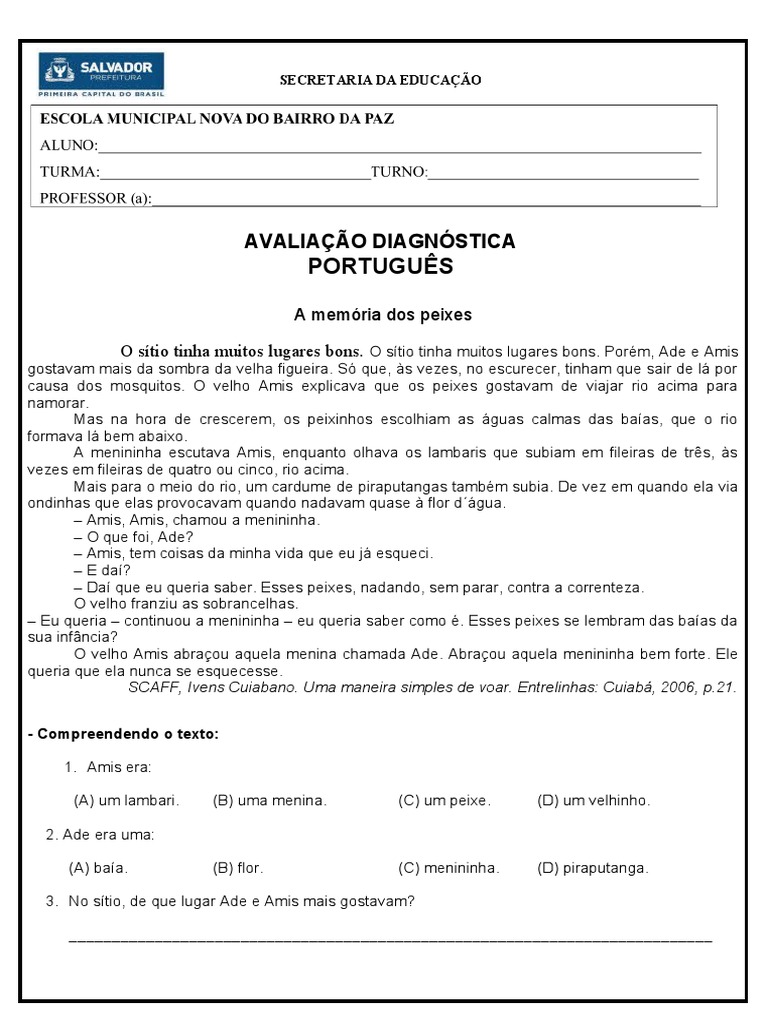 Avaliação Diagnóstica de Português 5º Ano | PDF | Artes Linguísticas e ...