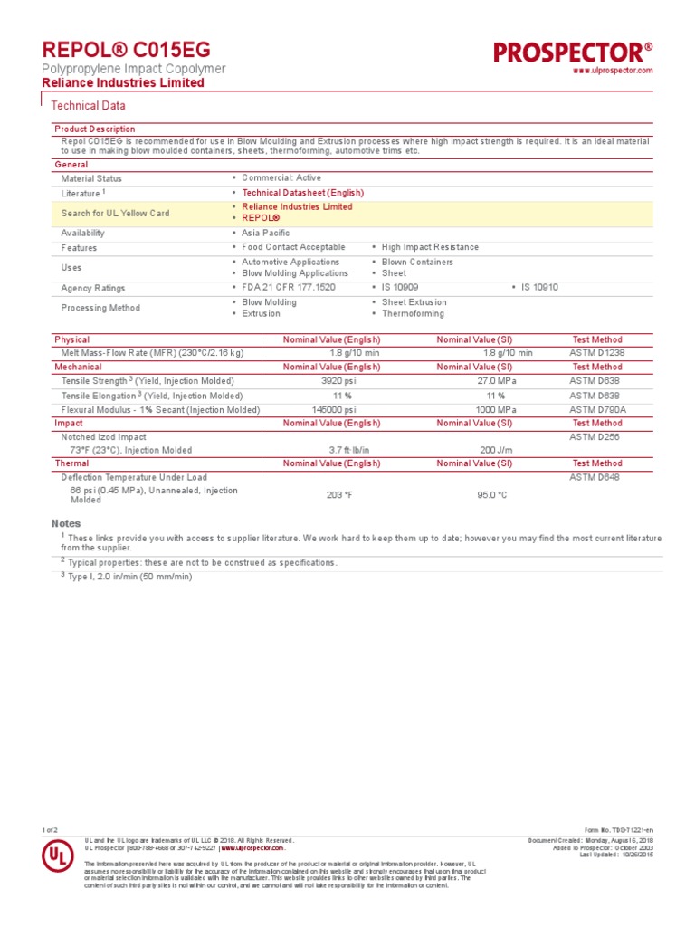 Repol® C015Eg: Reliance Industries Limited | PDF | Materials | Process ...