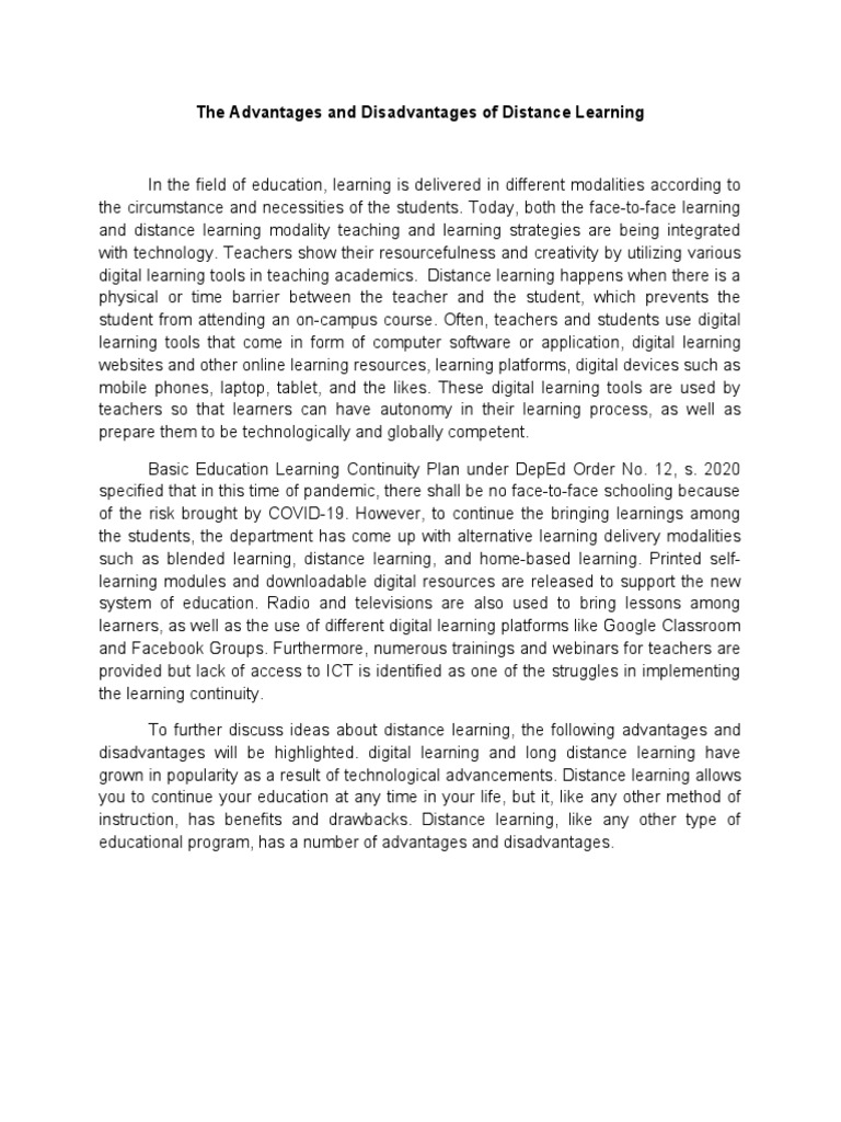 Pros and Cons of Distance Learning | PDF | Distance Education ...