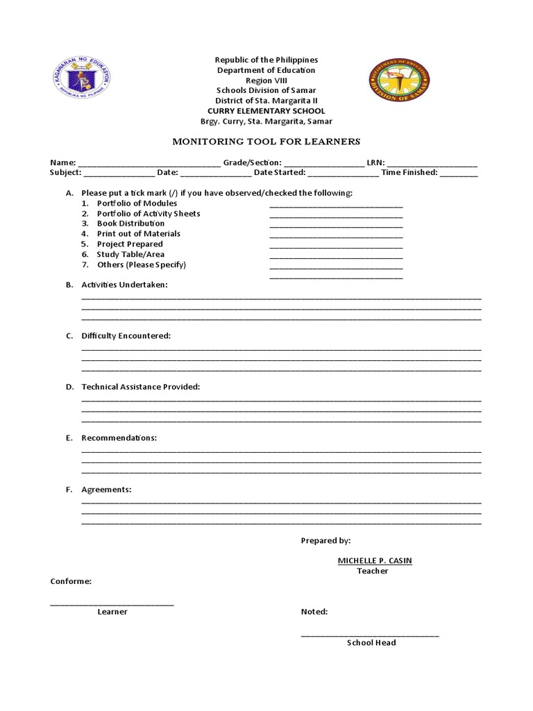 Learner Monitoring Tool Template | PDF | Learning