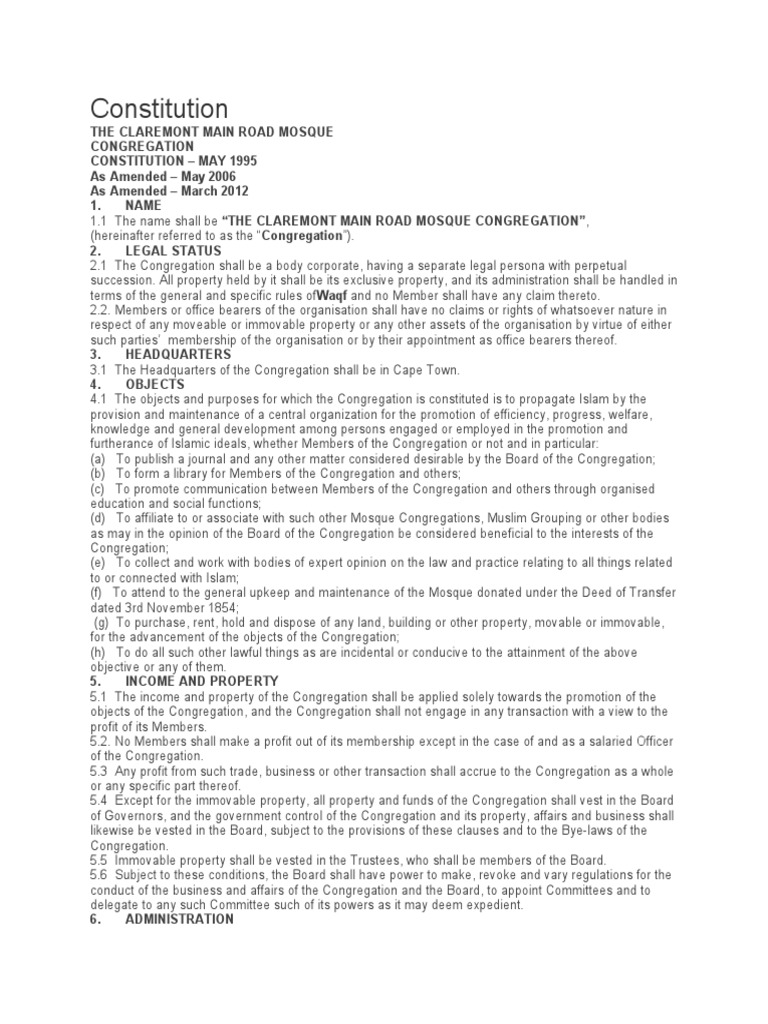 Claremont Main Road Mosque Constitution | PDF | Proxy Voting | Board Of ...