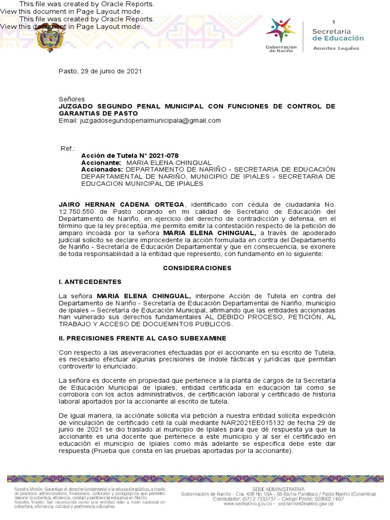 Contestación a Acción de Tutela | PDF | Derecho Constitucional | Caso ...