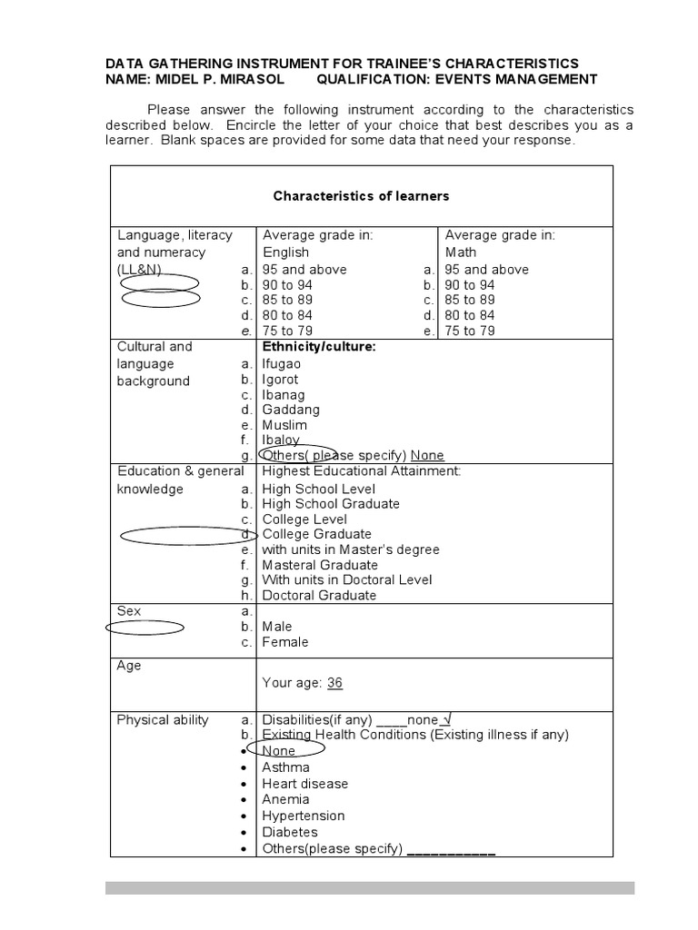Data Gathering Instrument For Trainee'S Characteristics Name: Midel P ...