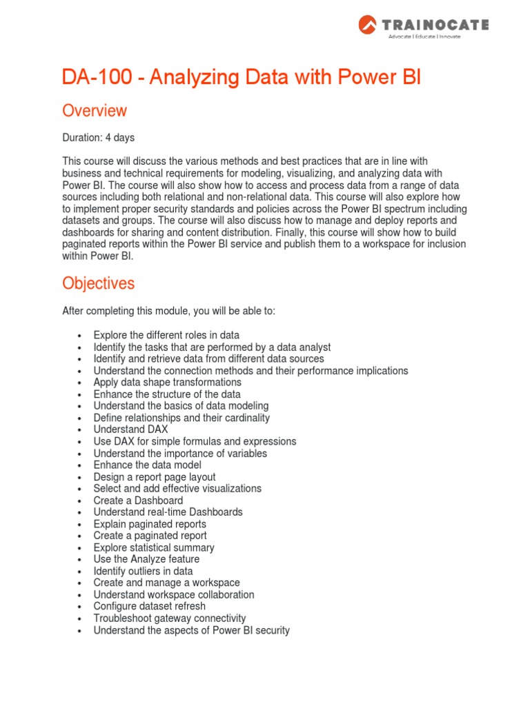DA-100 - Analyzing Data With Power BI | PDF | Data Analysis | Analytics