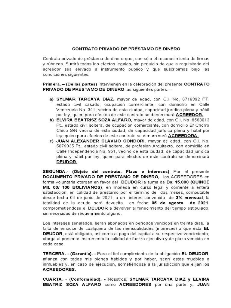 Contrato Privado de Préstamo de Dinero | PDF | Pagos | Economias