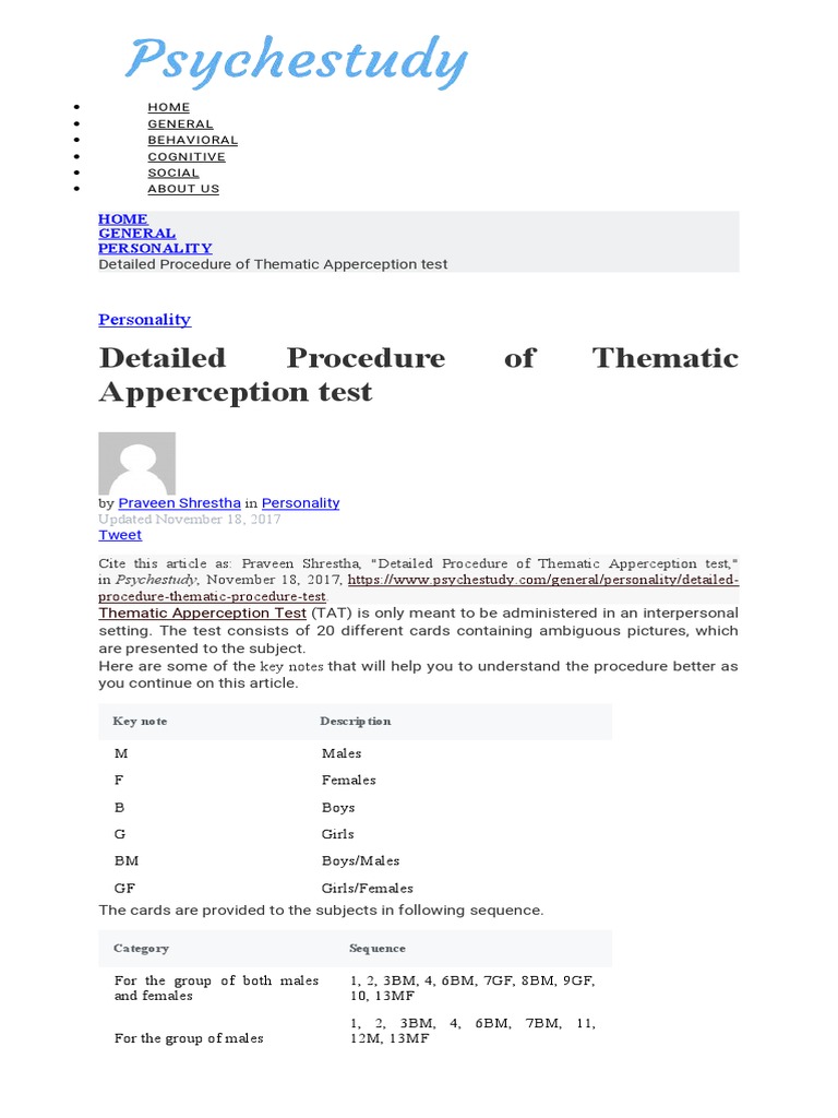 Detailed Procedure Of Thematic Apperception Test Personality Pdf