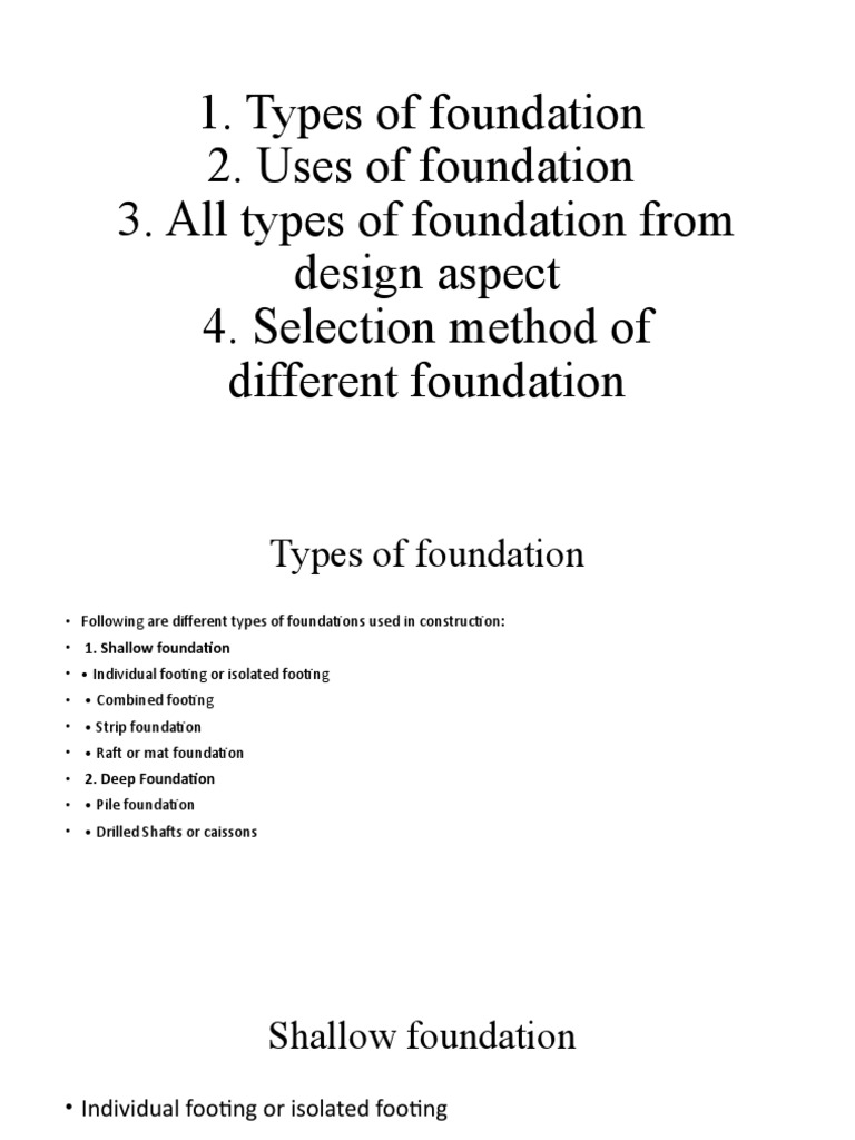 Types of Foundation 2. Uses of Foundation 3. All Types of Foundation From Design Aspect 4