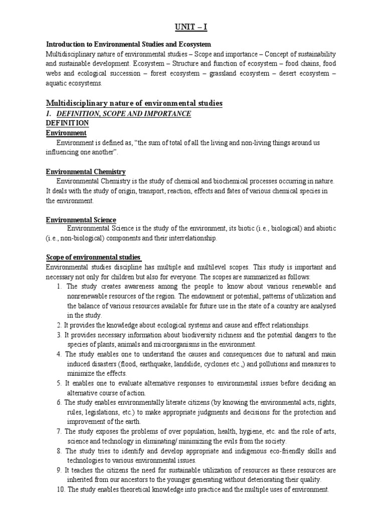 Unit - I: Introduction To Environmental Studies and Ecosystem | PDF ...