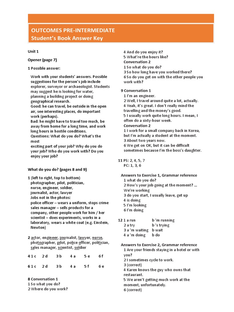Outcomes Pre-Intermediate Student'S Book Answer Key: Unit 1 Opener.