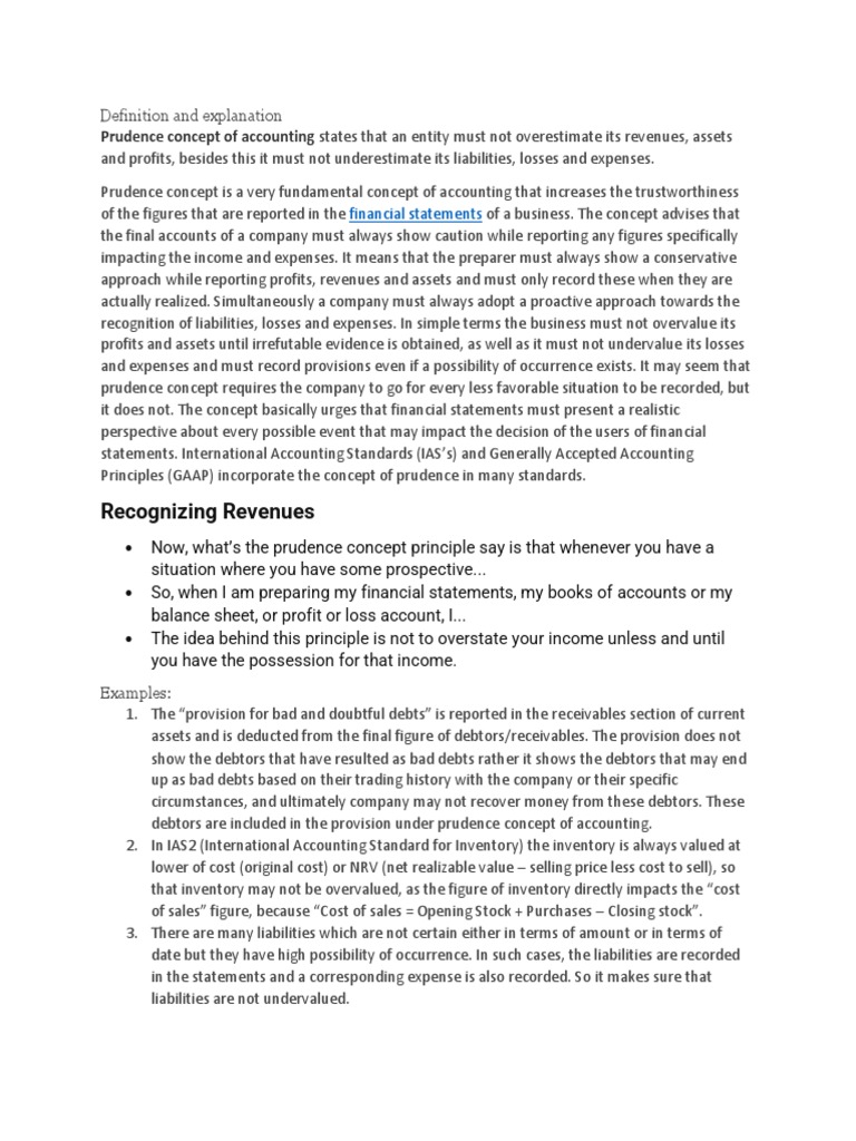 The Prudence Concept Accurately Reflecting Revenues, Assets