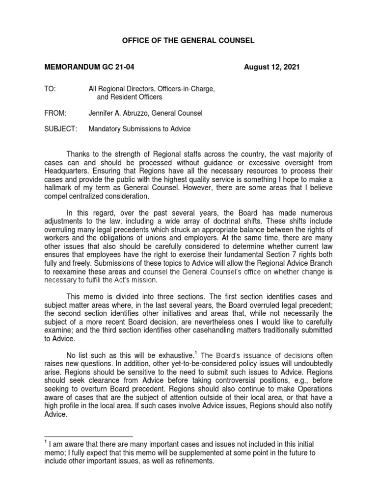 Mandatory Advice Submissions Memo | PDF | Lawsuit | National Labor ...
