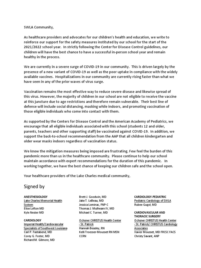 Letter From SWLA Healthcare Community | PDF | Vaccines | Doctor Of Medicine