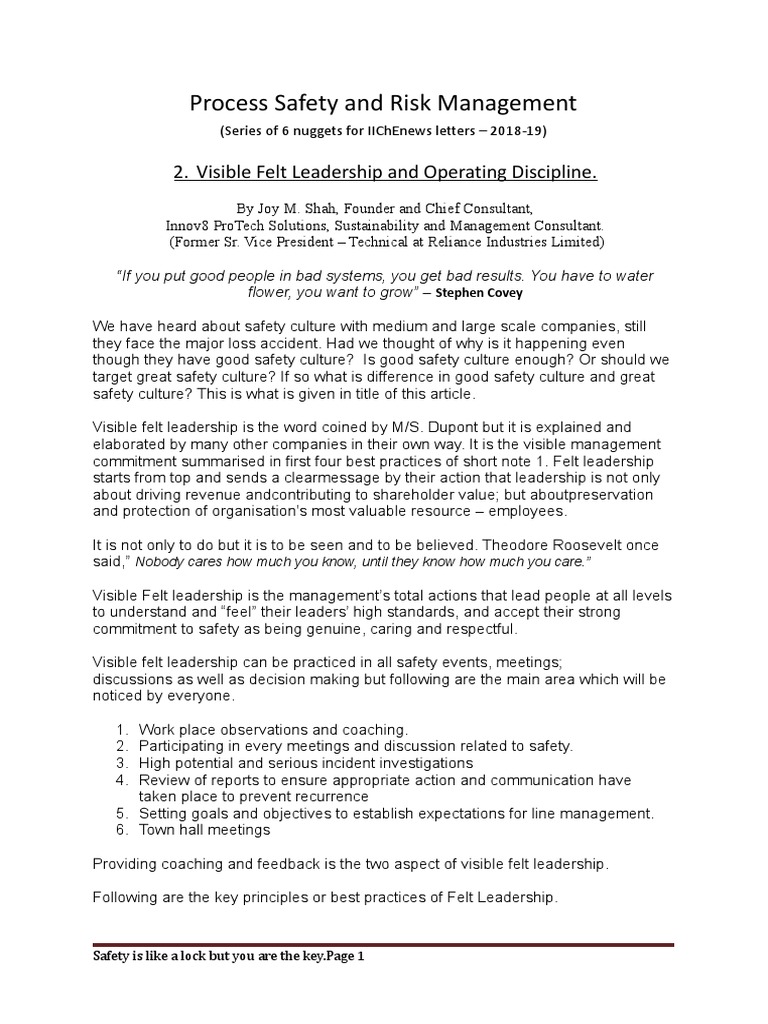 Process Safety and Risk Management 2. Visible Felt Leadership and