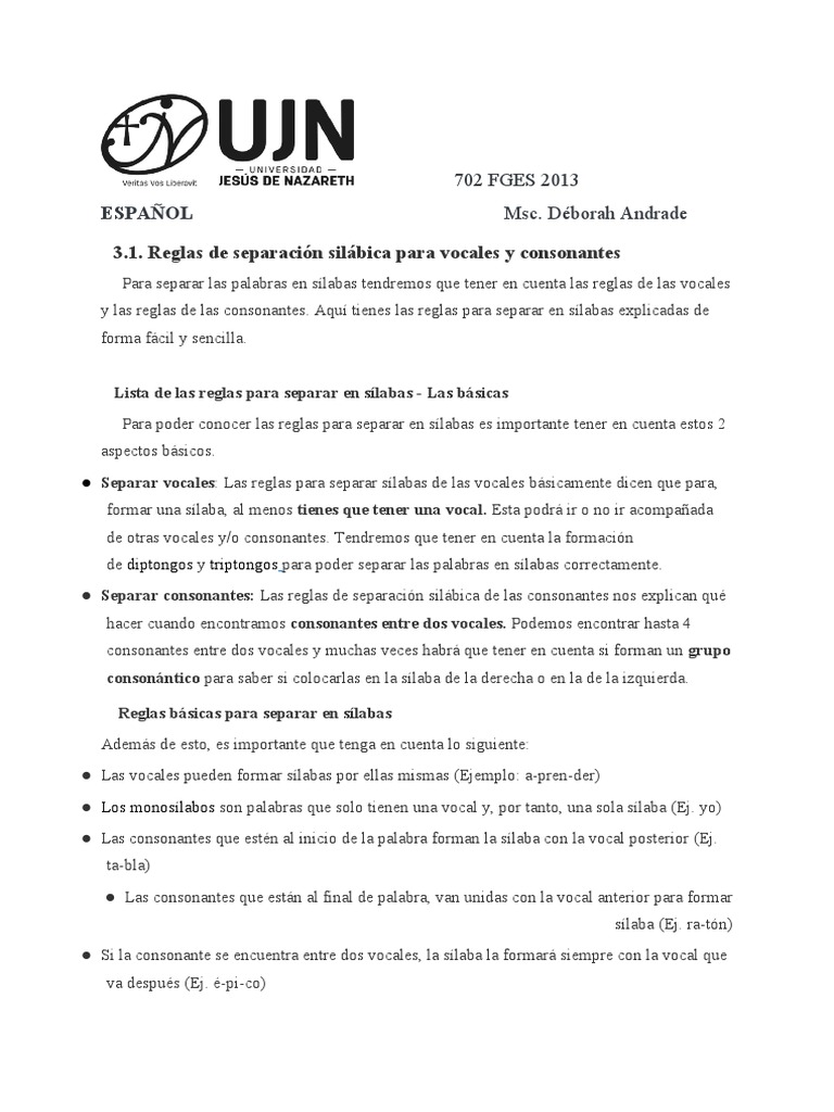 Reglas de separación silábica en español | PDF | Sílaba | Vocal