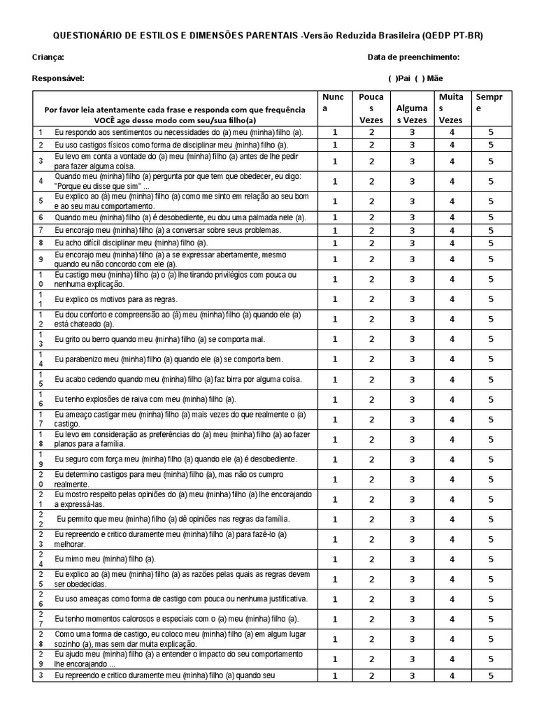 Questionário de Estilos Parentais QEDP | PDF