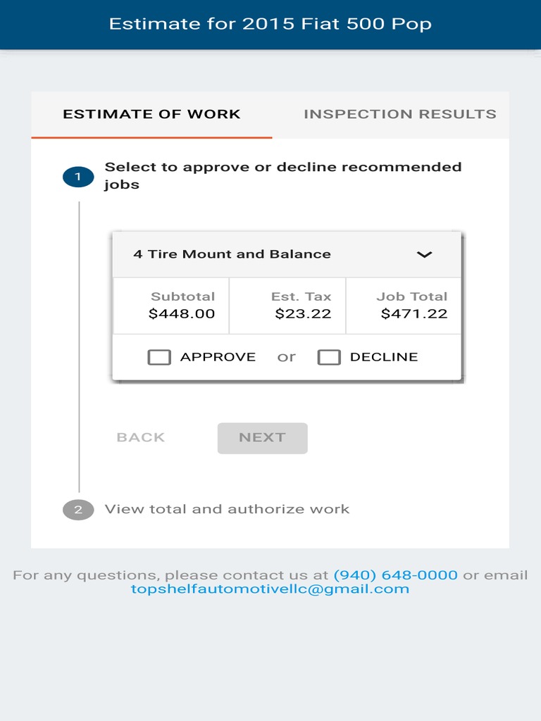 Estimate for 2015 Fiat 500 Pop at Top Shelf Automotive LLC PDF