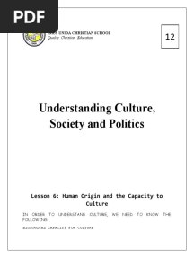 Understanding Culture, Society and Politics: Lesson 6: Human Origin and The Capacity To Culture