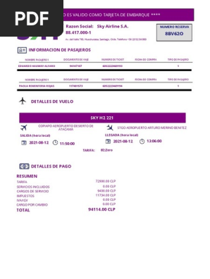 Código de Reserva y Detalles de Vuelo Sky | PDF