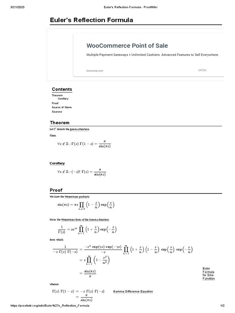 Proof of Euler's Reflection Formula | PDF | Sine | Pi