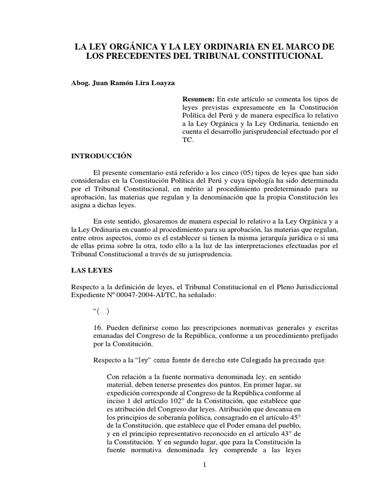 La Ley Ordinaria y La Ley Organica en El Marco de Los Precedentes Del