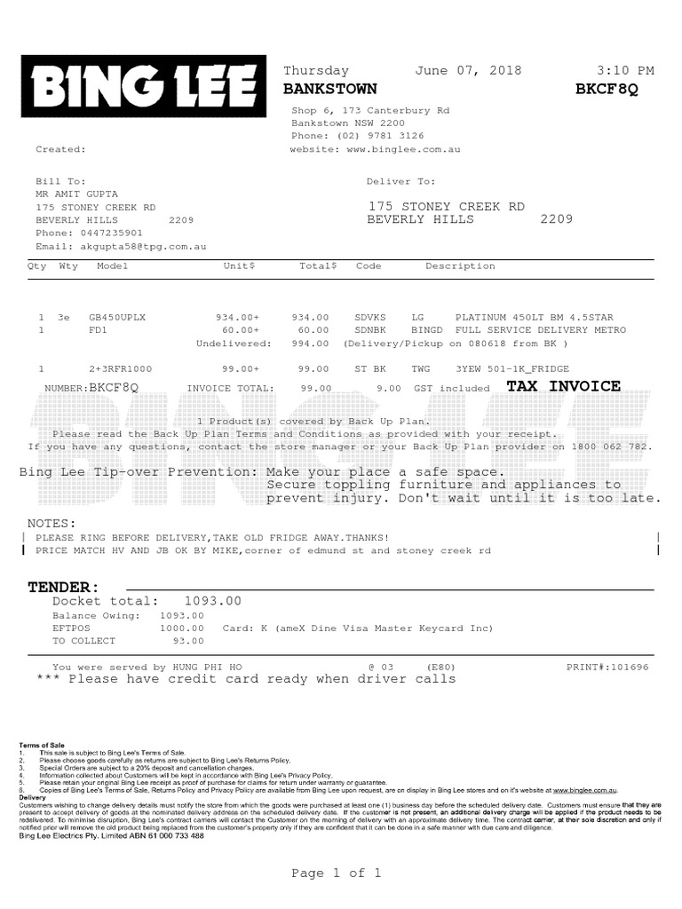 Bing Lee Fridge BKCF8Q, PDF, Accounting