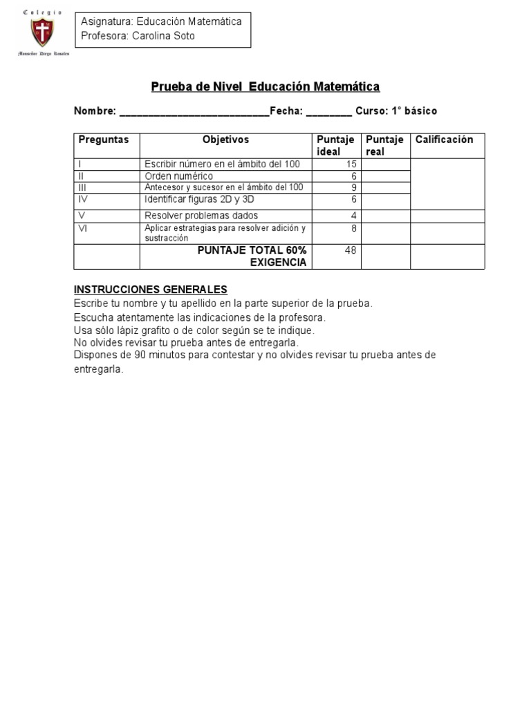 Prueba Final Matematica Pie | PDF | Matemáticas | Matemática Elemental