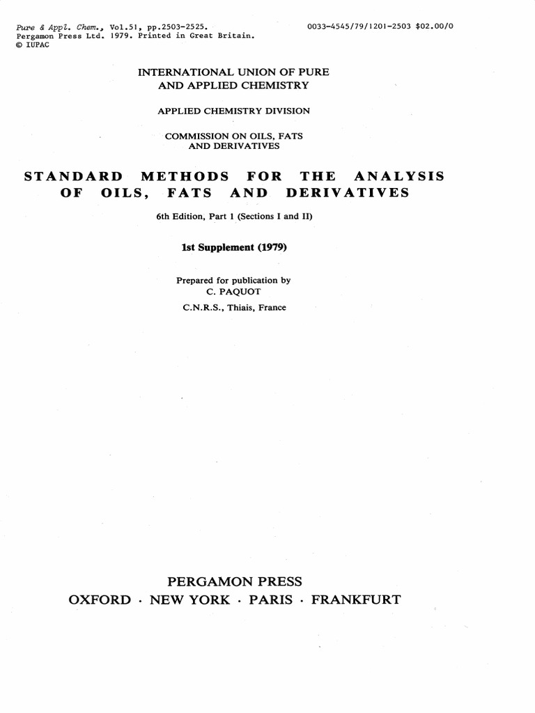 Of Oils, Fats and Derivatives Standard Methods For The Analysis PDF