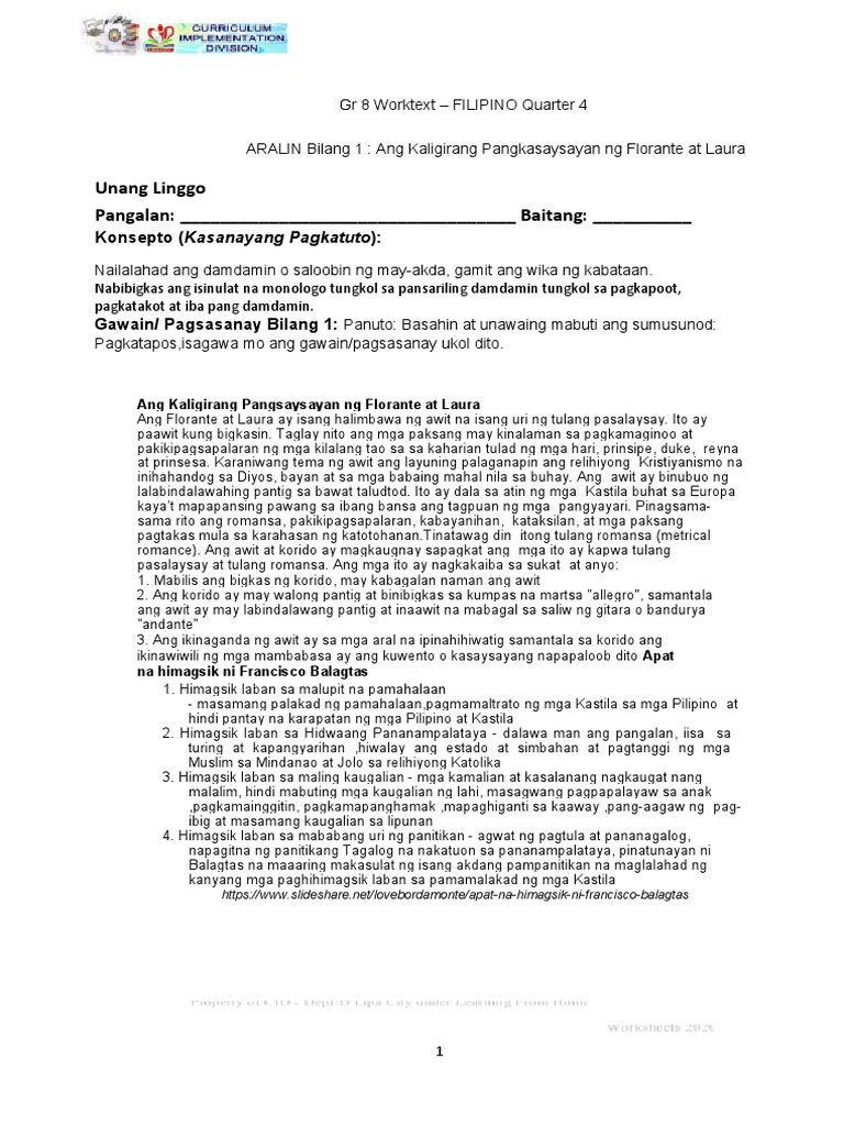 Filipino 8 Worktext Q 4 Week 1 2 | PDF