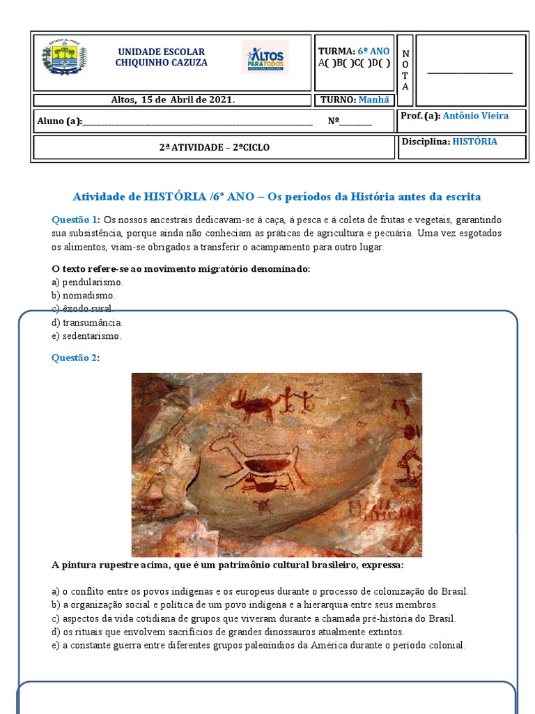 Atividades sobre Pré-História 6º Ano | PDF | Paleolítico | Neolítico