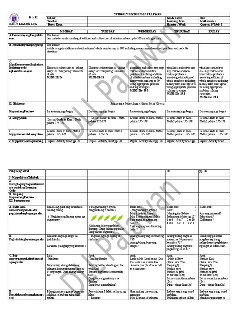 Grade 1 Math DLL Q2 W8: Addition & Subtraction | PDF | Subtraction ...