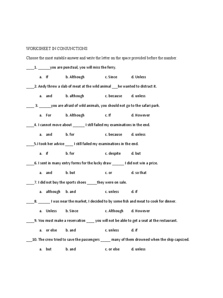 Worksheet in Conjunctions | PDF | Language Arts & Discipline