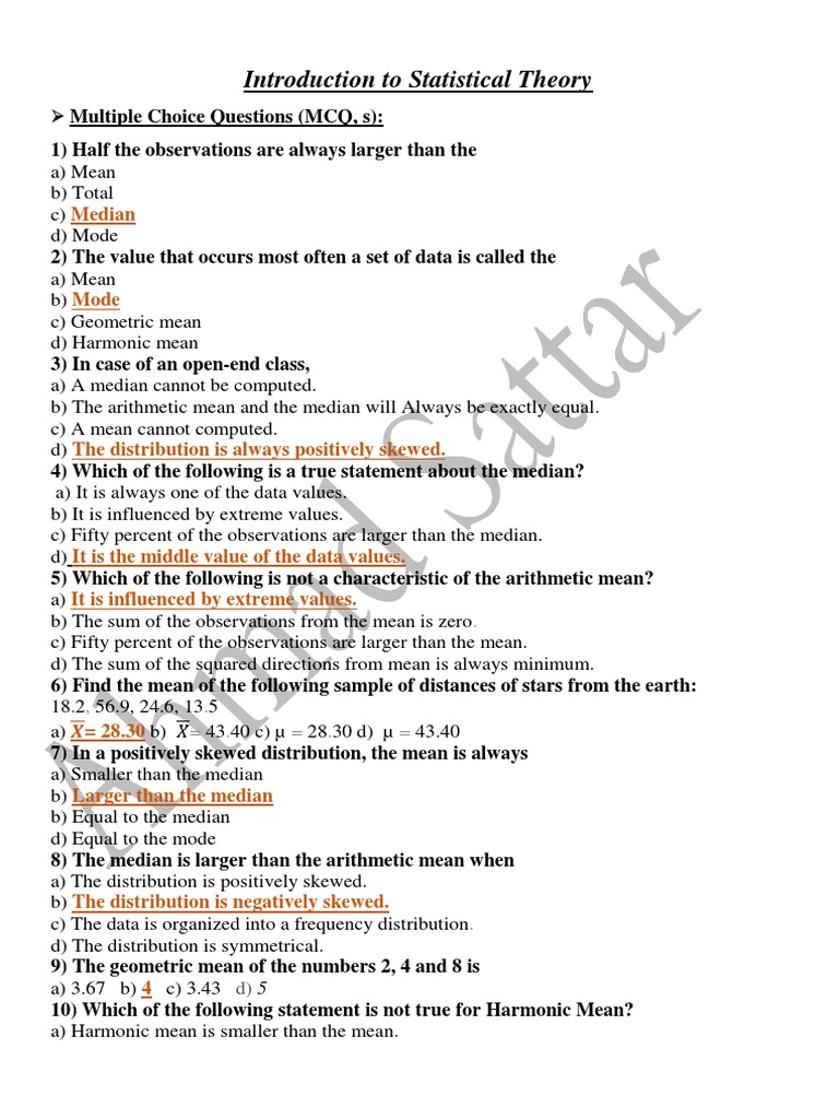 Statistical Theory MCQs and Concepts | PDF | Mean | Median