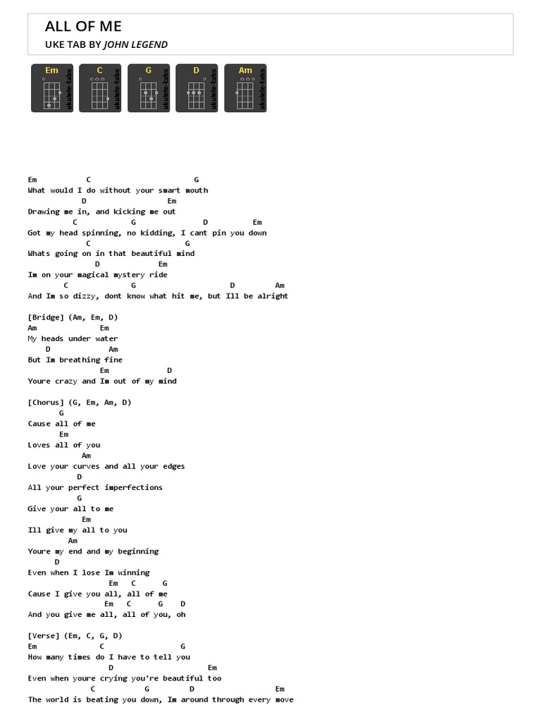 All of Me Uke Tab by John Legend Ukulele Tabs